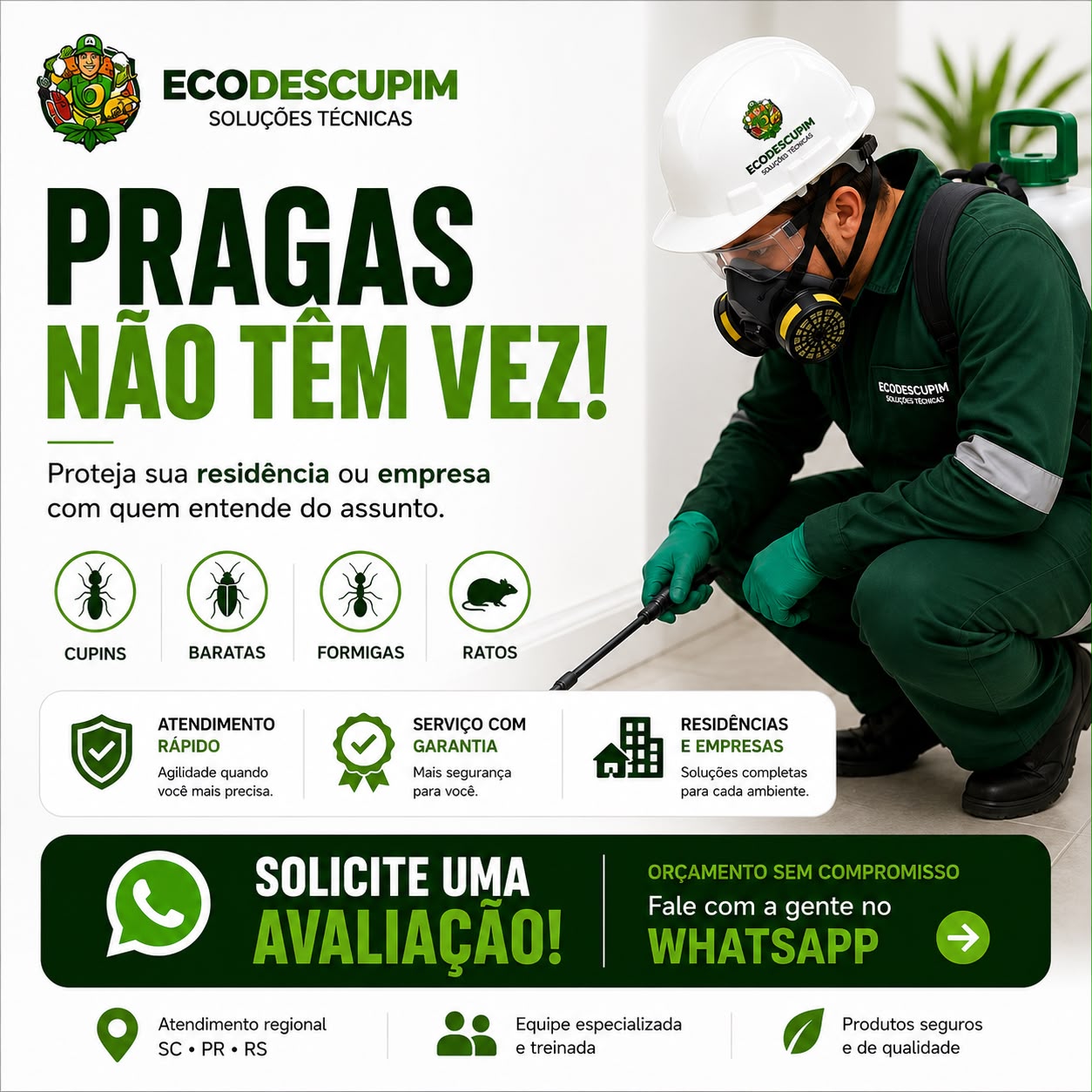 Técnico da Eco Descupim realizando controle de pragas com equipamento de proteção individual completo